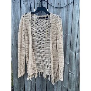 Crystal Kobe Womens XL Beige Crochet Knit Fringe Open Front Cardigan‎ Sweater